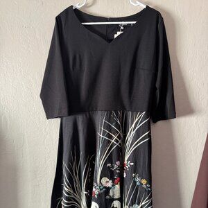NWT Zaful Black A-line Midi Dress with Swan Pattern Size XXL